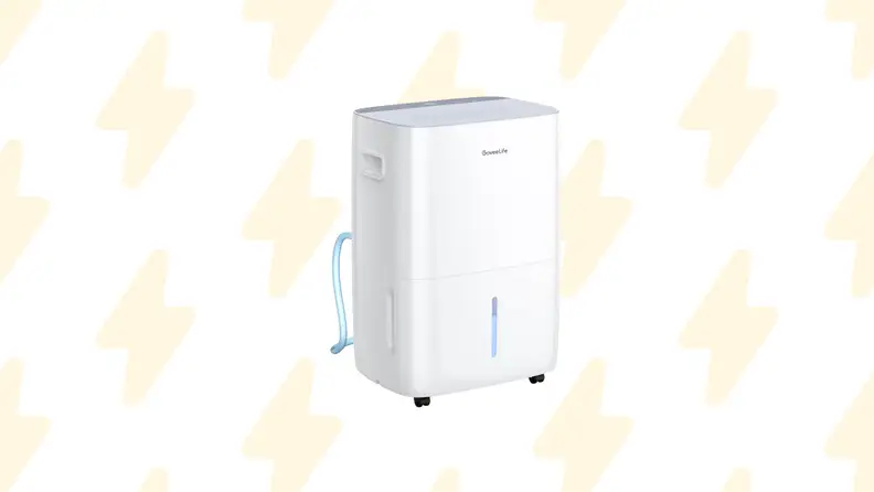 A dehumidifier on a background with lightning bolts
