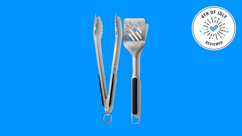 A steel set of tongs and a burger flipper with rubber grips.