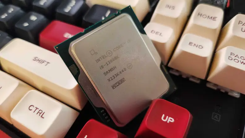 The Intel Core sitting on a keyboard.