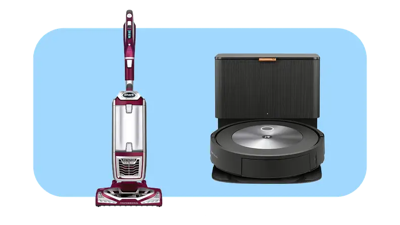 Product shots of the Shark NV752 Rotator Powered Lift-Away TruePet vacuum cleaner next to the iRobot Roomba j7+ robot vacuum.