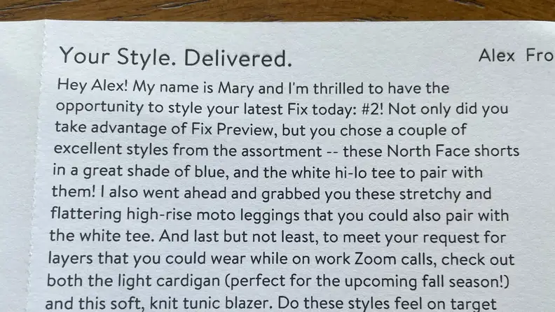 A personalized letter from Stitch Fix.