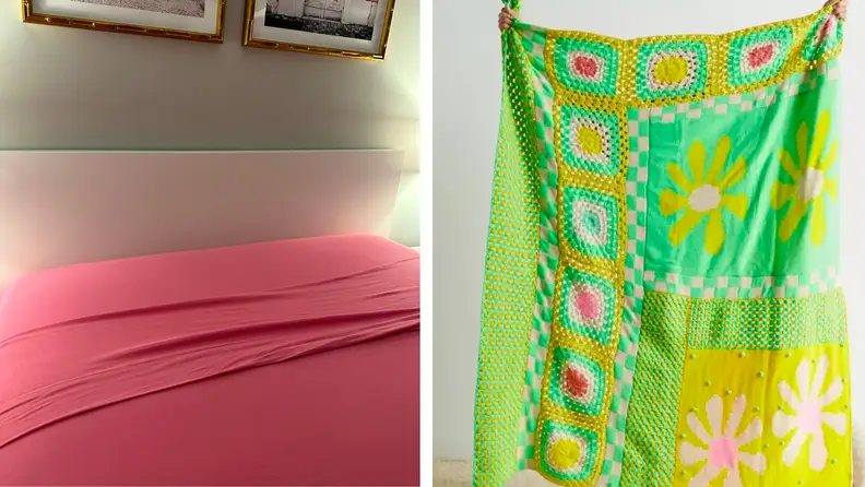 Urban Outfitters Granny Flower Crochet Throw Blanket ($179) and Urban Outfitters Luxe Modal Sheet Set