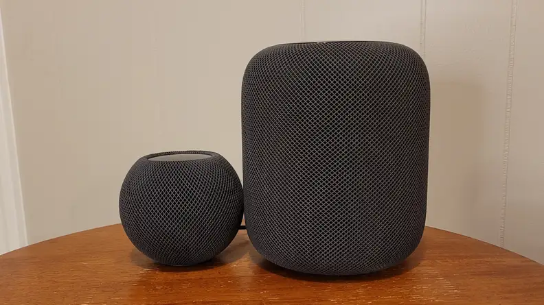 Space Gray HomePod Mini next to Space Gray HomePod.