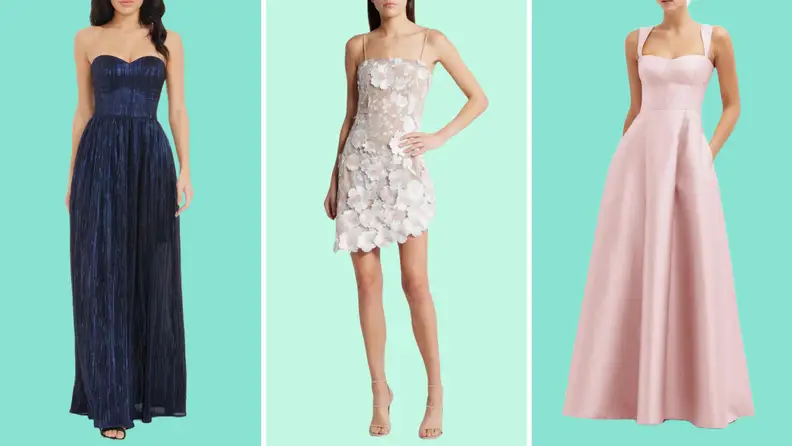 Collage of three prom dresses sold at Nordstrom.