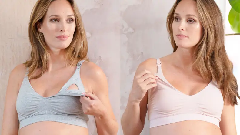 Two models displaying the Seraphine Bamboo nursing bras in light gray and light pink colors.