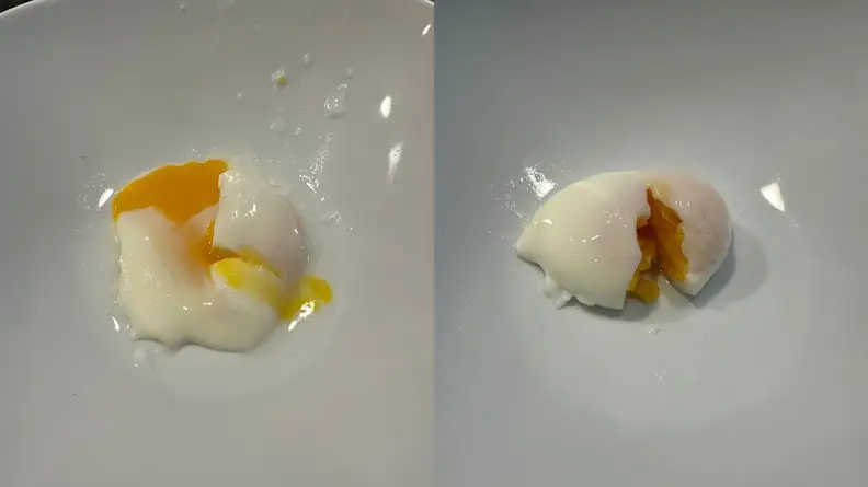 Runny poached egg inside of porcelain bowl next to overcooked poached egg.