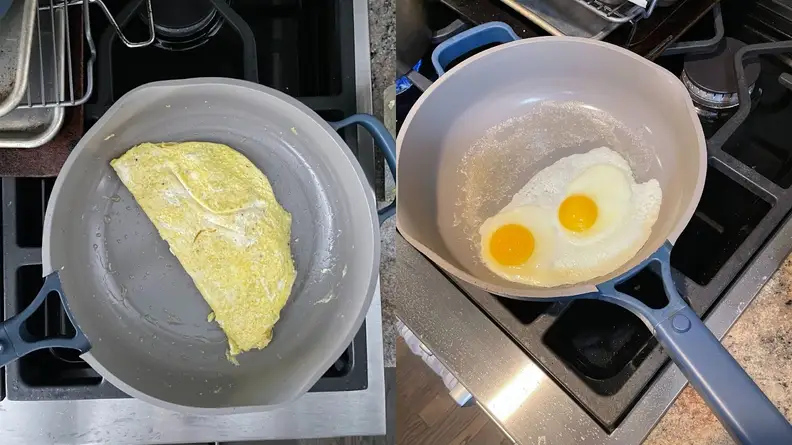 Omelette and two sunny side up eggs frying inside of Always 2.0 pan.