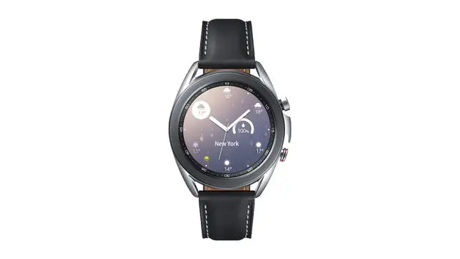 Silver watch with black leather band