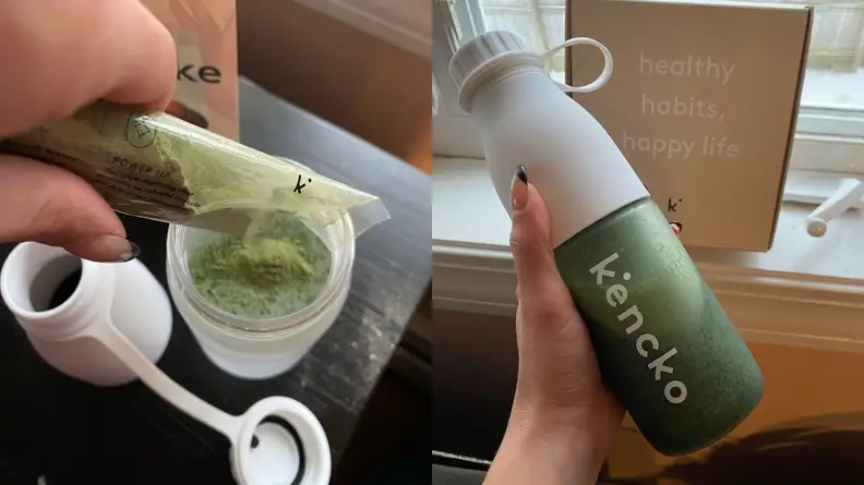 On left, person pouring powdered smoothie packet into bottle. On right, person holding bottle with green liquid inside.