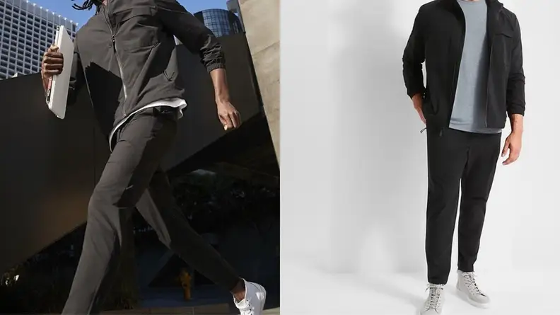 In separate images, two individuals model cool-weather clothing.