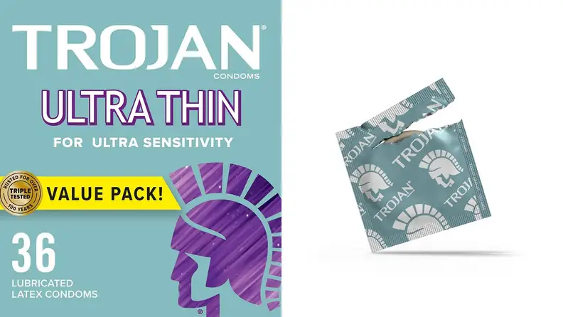 Two images of Trojan condoms.
