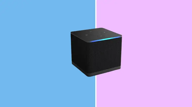 THe Amazon Fire TV Cube on a pink and blue background