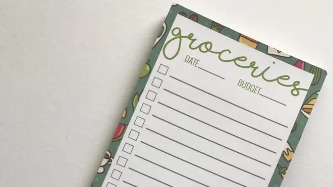 A grocery list notepad.
