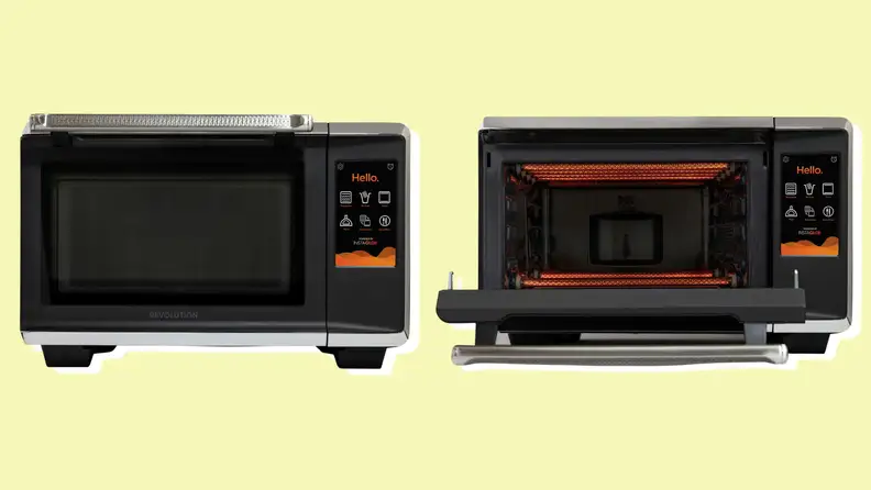 Macrowave oven with door open and closed on colorful background