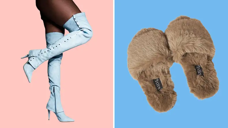 A pair of thigh-high blue boots, and a pair of furry slippers.