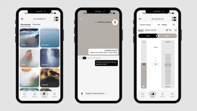 Three iPhone screens showing Elehear's app