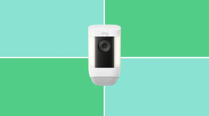 Ring Spotlight Cam Pro Battery on a green and blue background