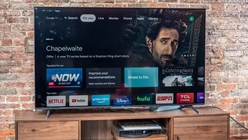 A television display in a living room.