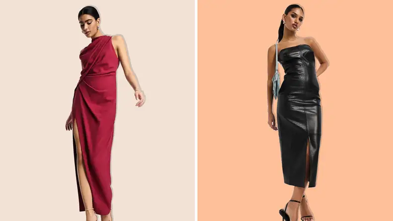 A woman wearing a red dress and a woman wearing a black dress on a tan and orange background.