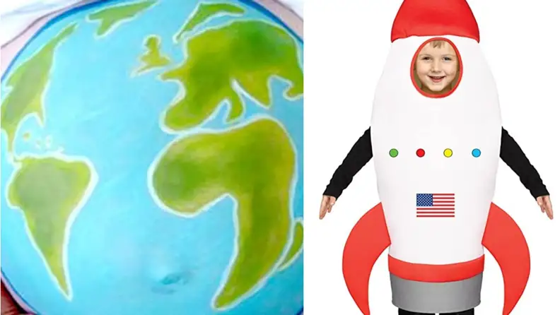 A pregnant belly painted to look like the earth. A child in a rocket ship costume.