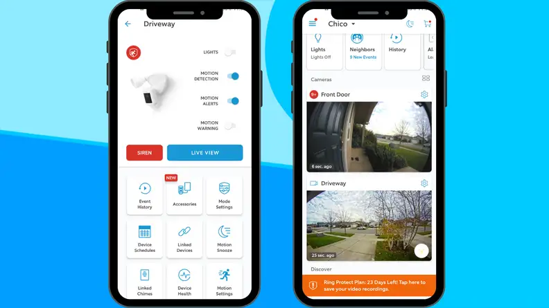The Ring app features and camera angles.