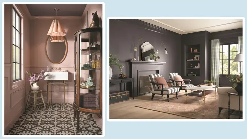 A remodeled bathroom and a living room.