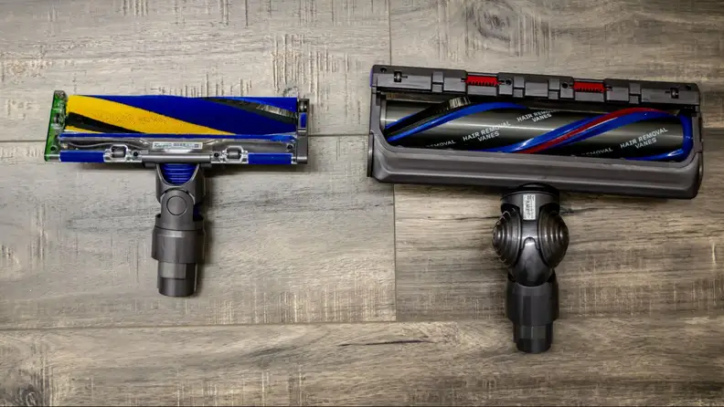 The Dyson Fluffy Optic and Digital Motorbar XL on hardwood.