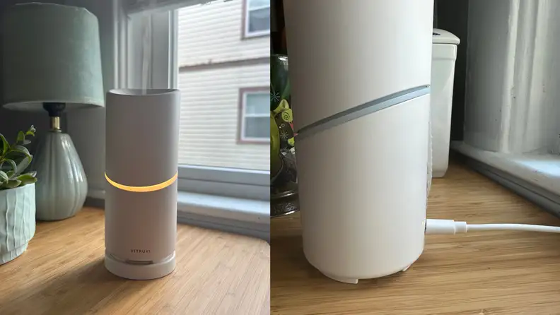 On the left, the Vitruvi Move turned on and running. On the right, the charger plugged into the back of the Vitruvi Move.