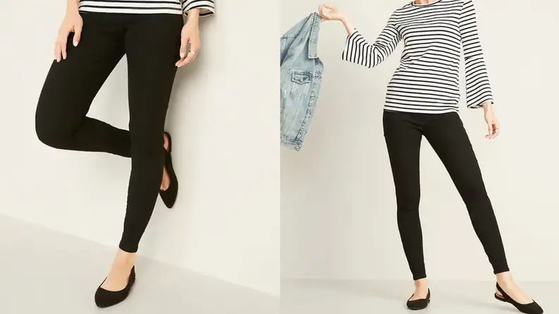 An image of a pair of black jeggings in two different poses.