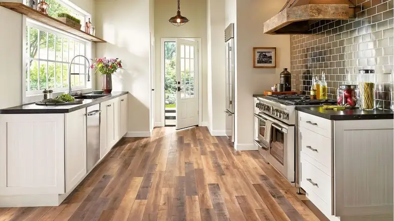 A wood floor adds warmth and authenticity to a kitchen