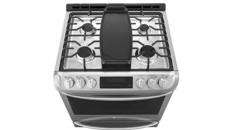 A top-down look at the LG lssg3017st gas range cooktop, which includes four standard burners, and a center oval-shaped burner covered by a cast-iron griddle(not included).