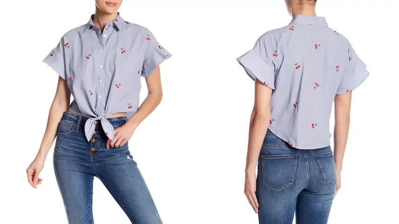 Love, Fire Front Tie Ruffle Sleeve Pinstripe Blouse