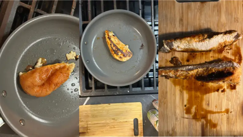 Even heat distribution from the nonstick All-Clad pans cook chicken beautifully.