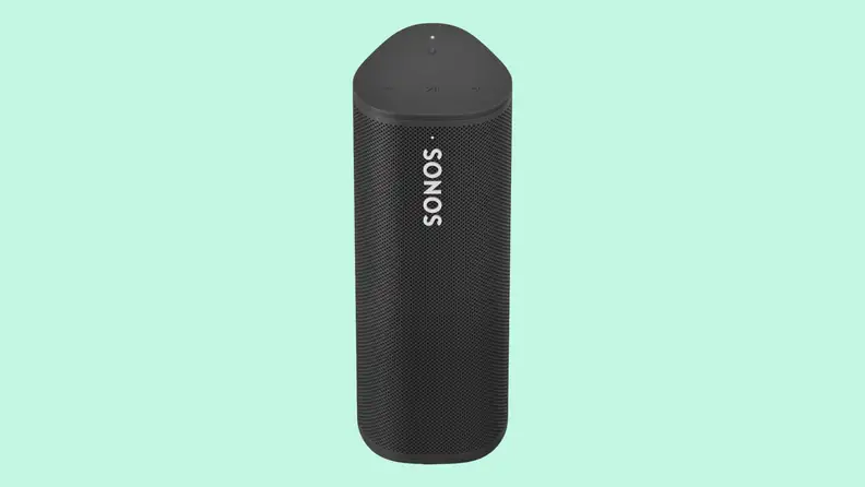A Sono Roam Bluetooth speaker on a green background.