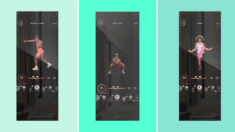 Three different guided workouts being displayed on the lululemon Studio Mirror.