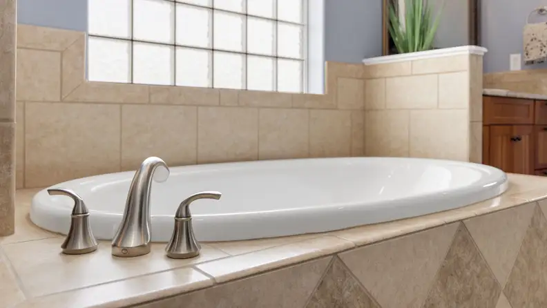 Empty bathtub surrounded by beige tile