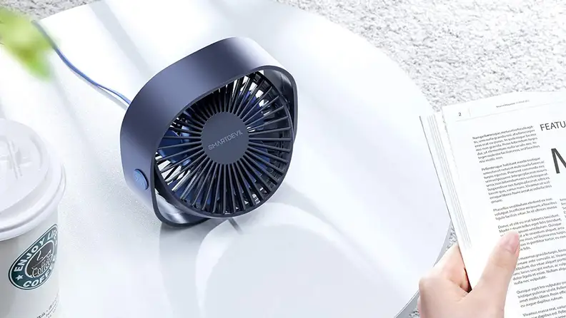 An overhead shot of a tabletop fan