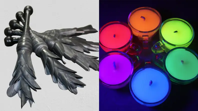 A rubber whip  and six brightly colored candles from Agreeable Agony