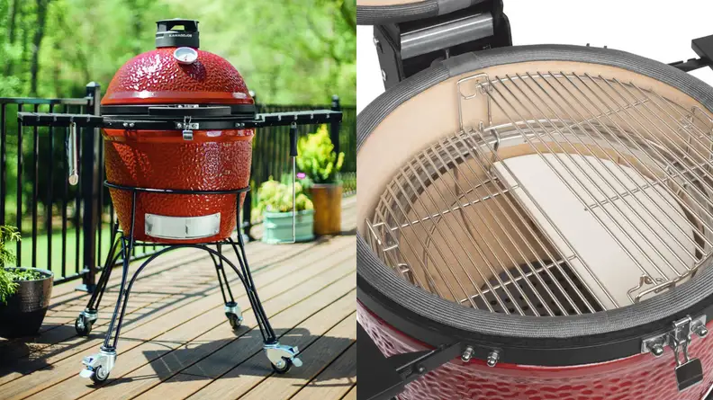 Two images of the Kamado grill, one closed and standing on a deck, the other with the cover open to reveal the interior.