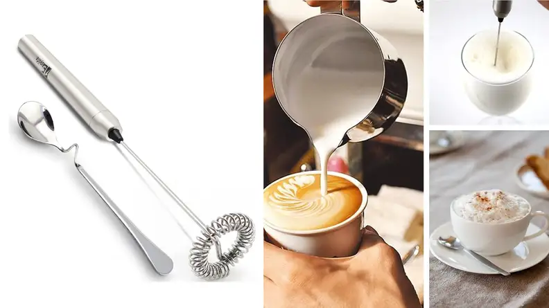 A series of four images shows the tools and process for frothing milk and making a cappuccino.
