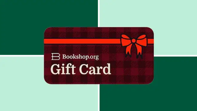 A Bookshop.org Gift Card on a dark and light green background.