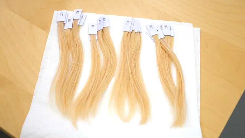 Not your usual testing materials: swatches of blonde human hair.