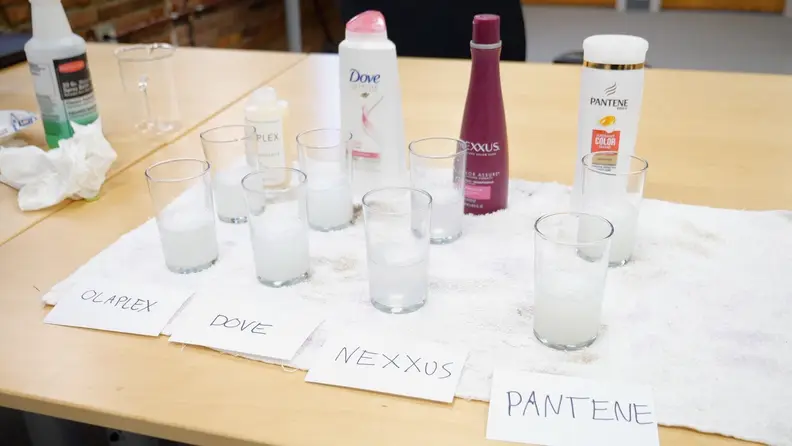 Each glass contained a mixture of shampoo and water.