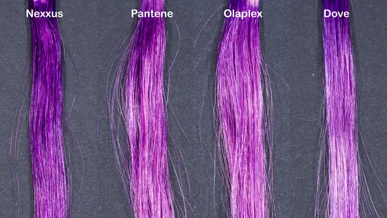 The Nexxus shampoo showed the least fading after five washes.