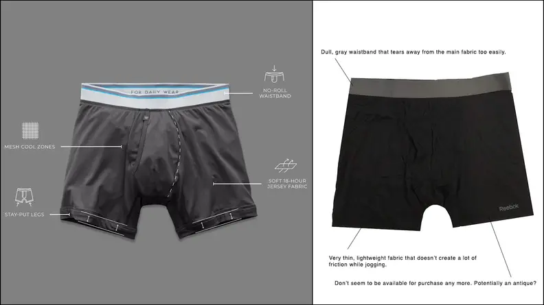 Two pairs of boxer briefs, side by side. The one on the left, by Mack Weldon, have several callouts describing their design innovations. On the right is a basic pair of boxer briefs with no such accolades.