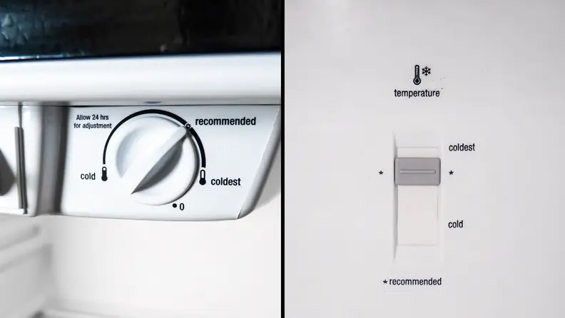 A side-by-side of the Frigidaire FFTR2021TS's refrigerator and freezer controls. The refrigerator control is a knob with the labels 