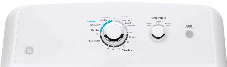 A close-up of the controls on the GE GTD33EASKWW front-loading dryer.