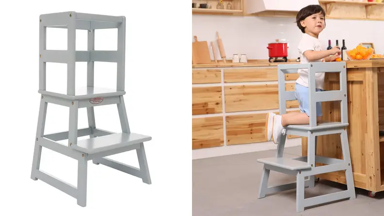 Left side: The Sdad Adjustable Height Kitchen Step Stool against a plain right background. Right side: A child, roughly 5 years old, kneeling in the Sdadi learning tower to reach a kitchen island