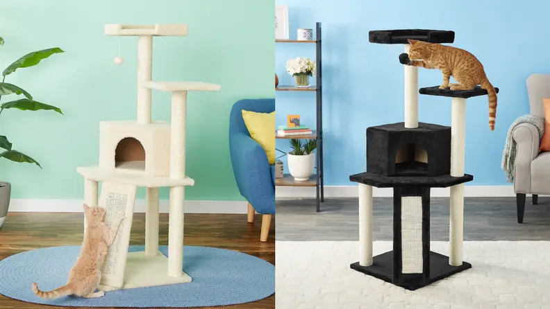 A cat scratches a cream colored cat tree