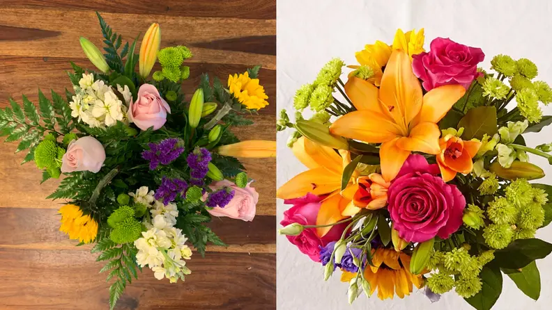 Top of bouquet on table and against white background